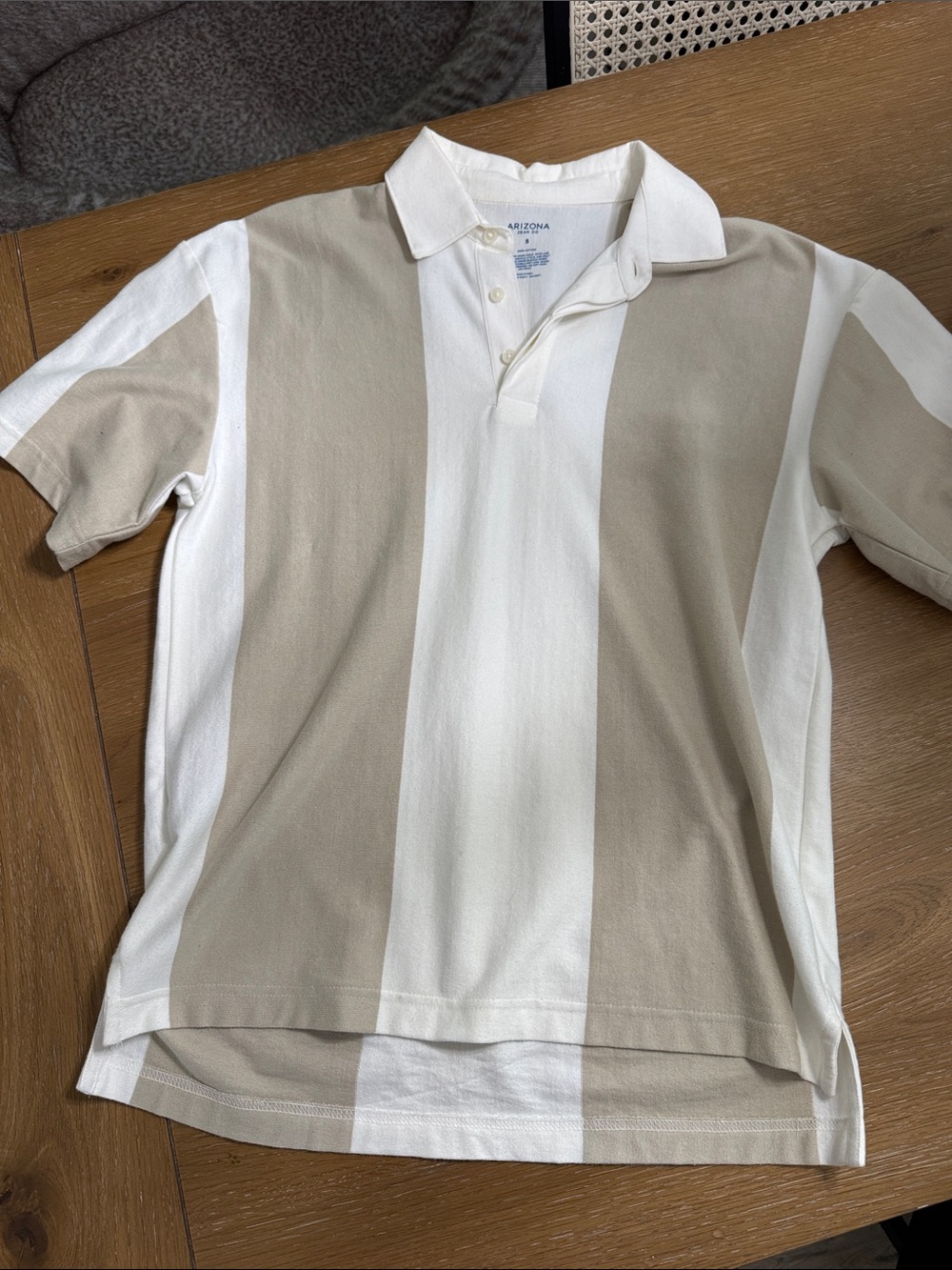 Arizona Jean Company Vertical Stripe Polo in Beige and White